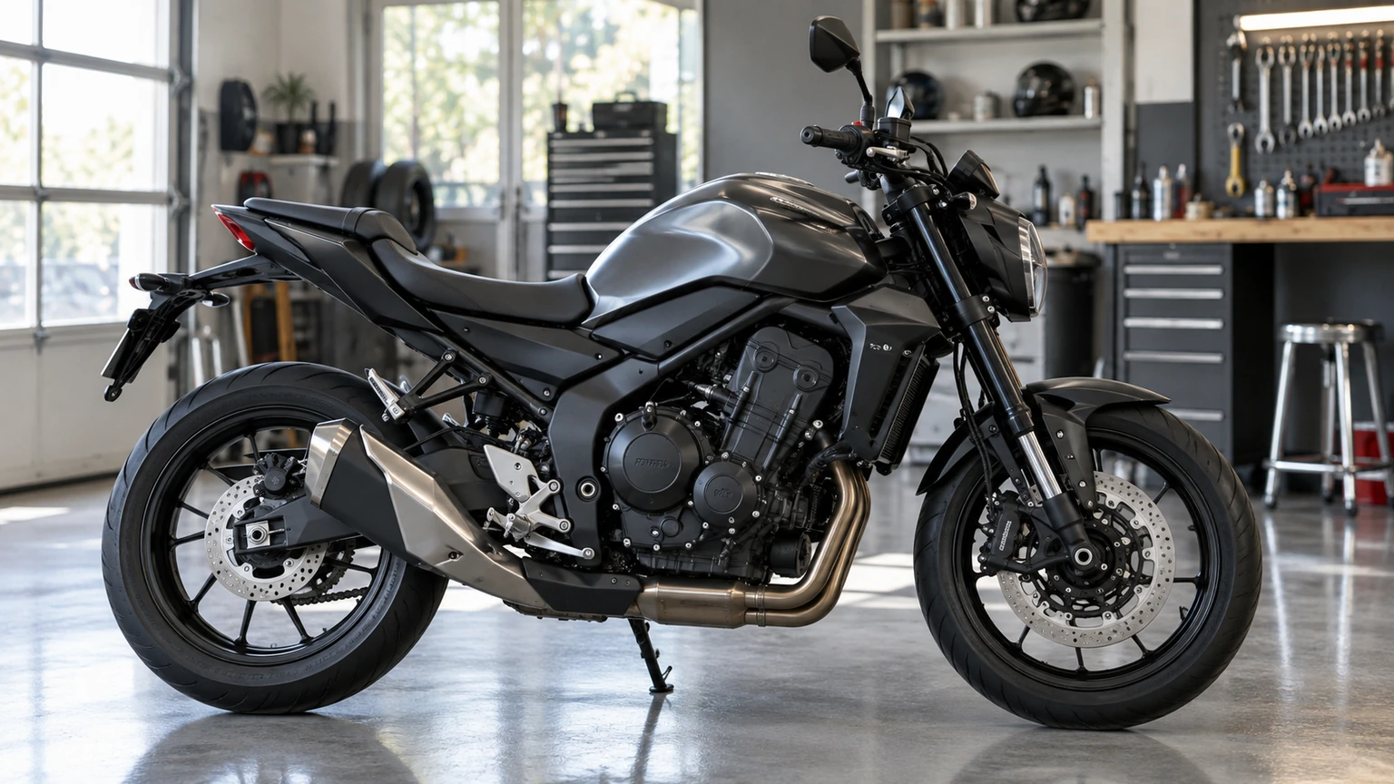 Moto routière générique dans un atelier propre